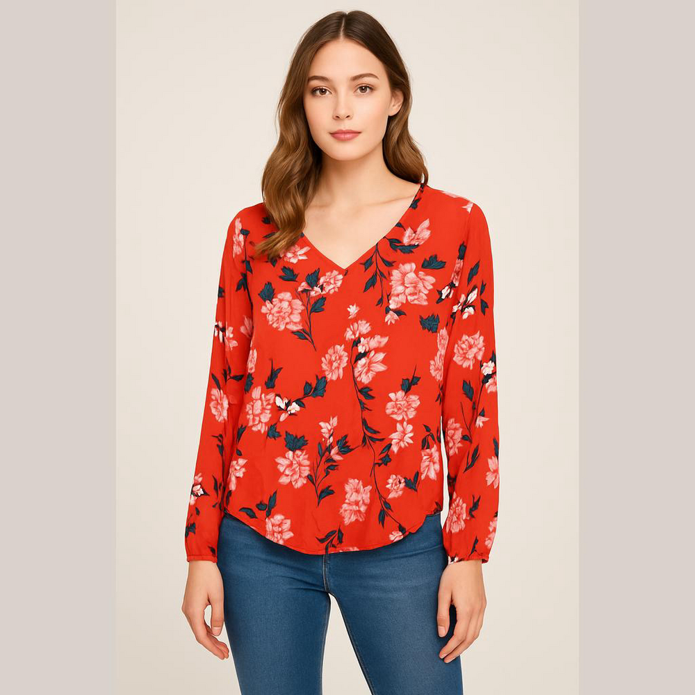 Old Navy Red Floral V Neck Long Sleeve Blouse Top Size Large